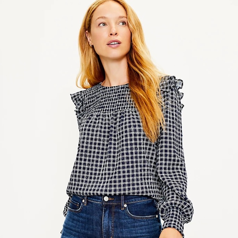 Loft windowpane check ruffled top